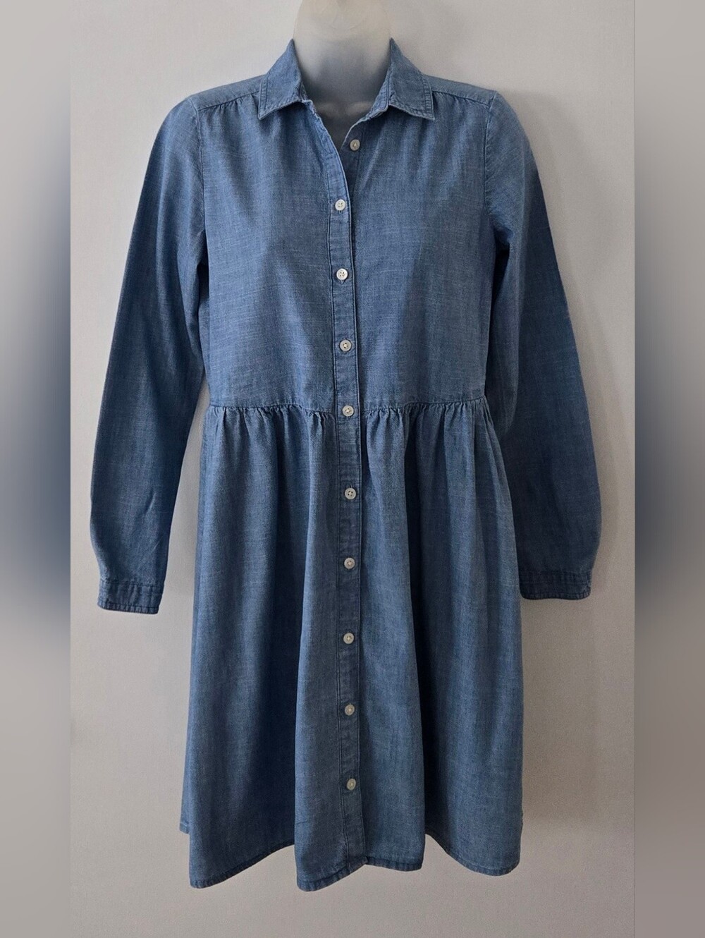 J.Crew Dress Button Down Mini Blue Chambray 100% Cotton Sz 00 LS Side Pockets